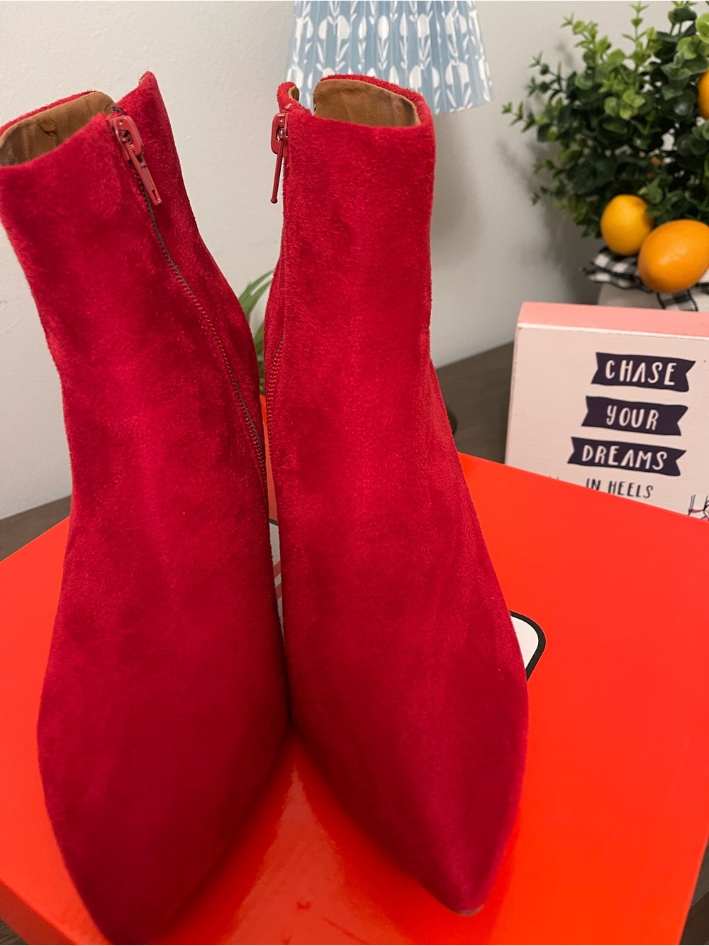 Rouge! Red Suede Pointed Ankle Booties
